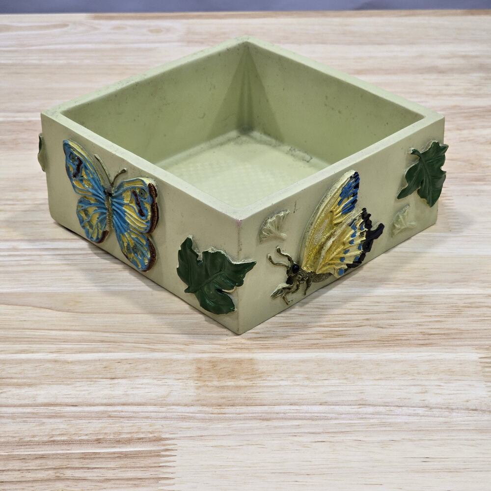 Vintage Ceramic Catchall Trinket Tray Flora Butterflies Painted Relief Fairycore